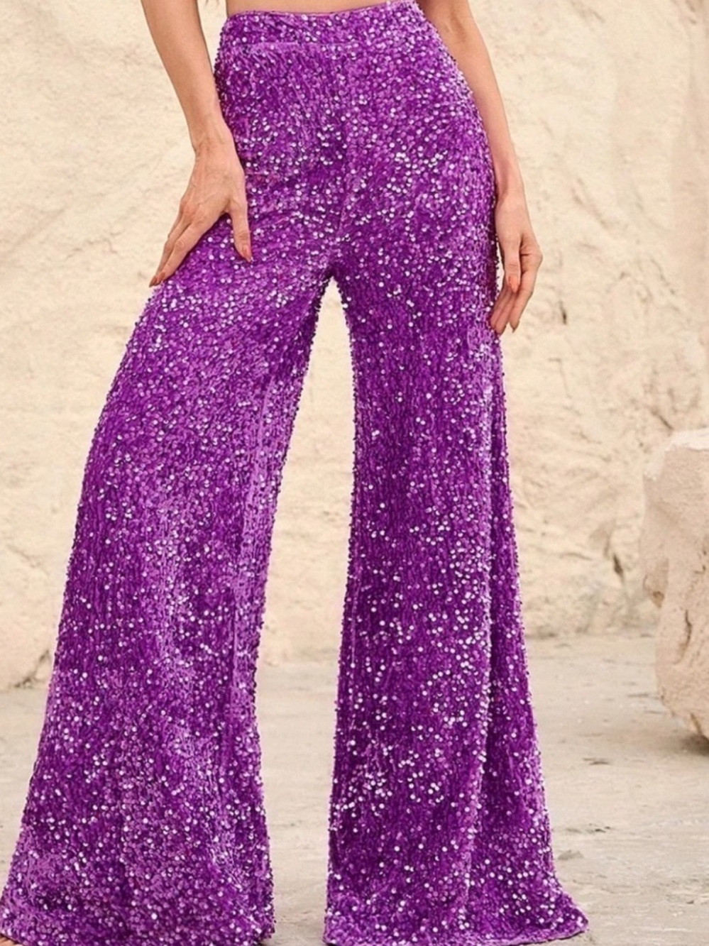 Faeriesty Womens XL Purple Sequin Wide Leg Pants Disco Chic Glam Evening Party